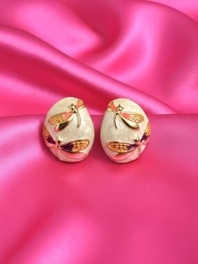 Vintage Statement Stud Earrings with Gold Dragonfly Accents- Women Retro Jewelry